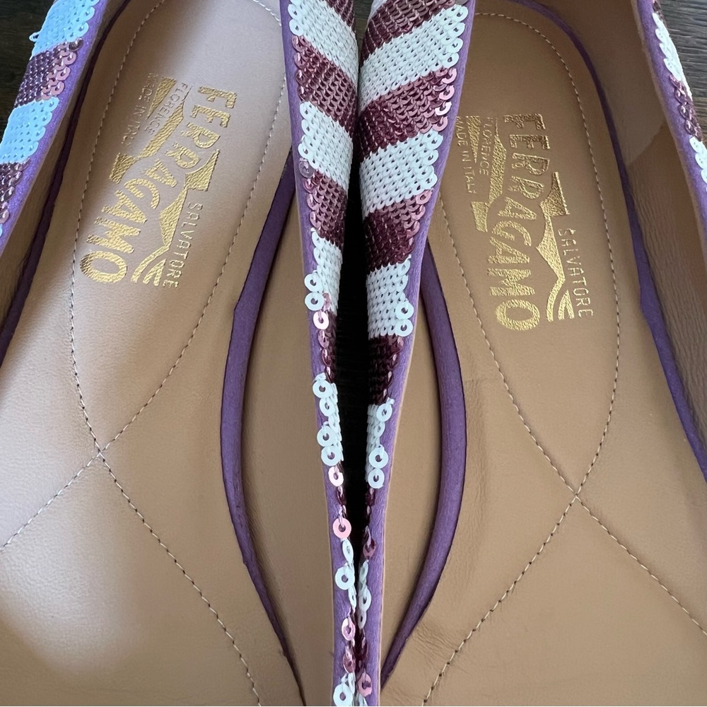 NEW! Salvatore Ferragamo $850 Varina Pink/White Sequin Vara Bow Flats 9.5B - Picture 6 of 12